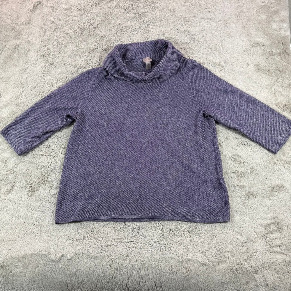 Chico's Easywear Purple Metallic Knit Cowl Neck 3/4 Sleeve Pullover Top Size XL‎